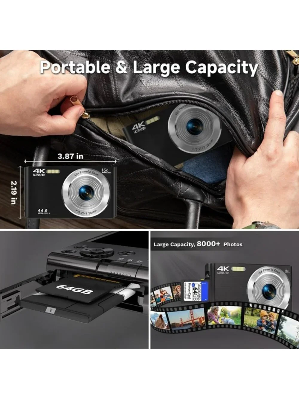 4K Digital Camera for Kids & Teens, Autofocus Point & Shoot, 16X Zoom, 64GB SD